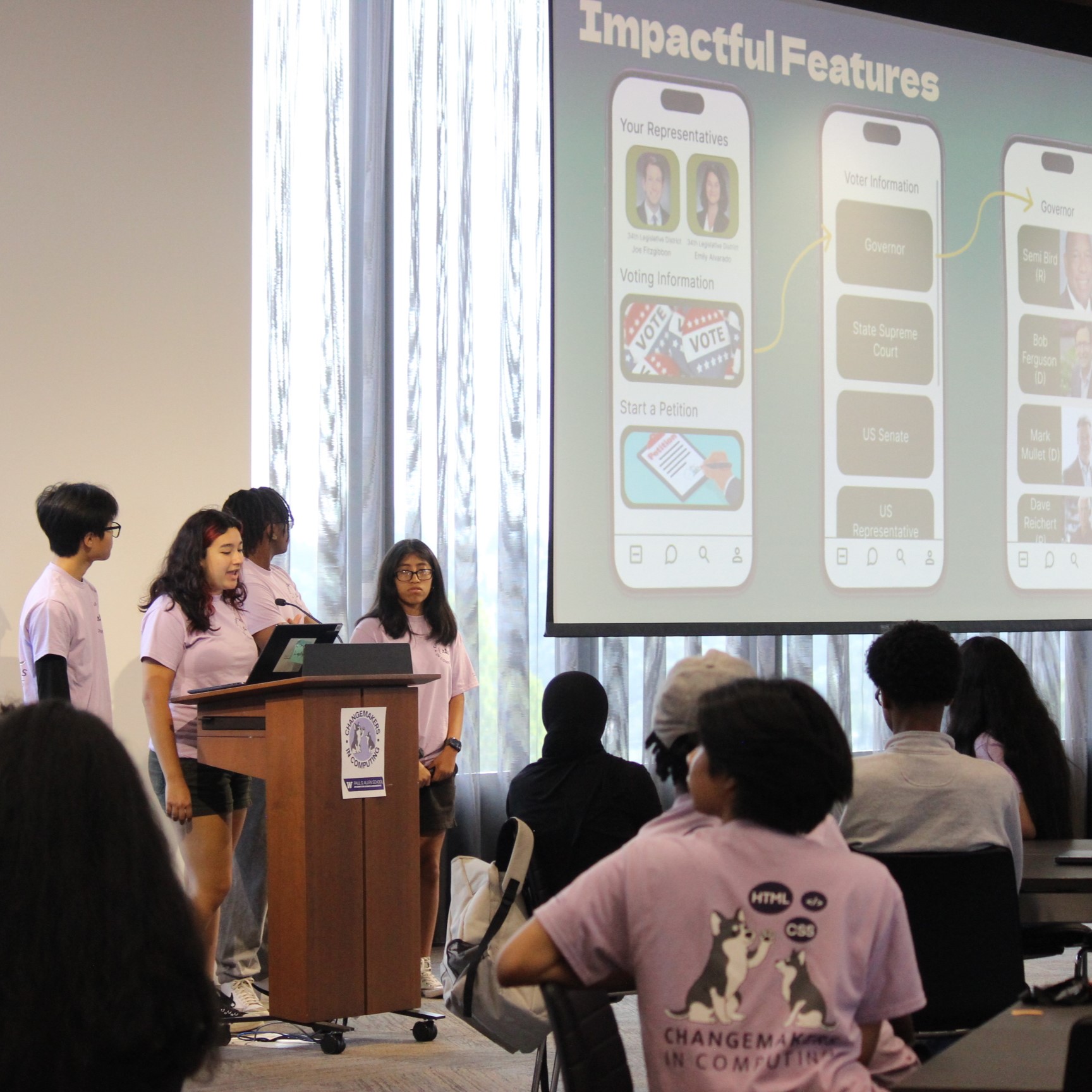 4 students presenting at a podium with an audience of sitting students. The presenters are standing next to a large lecture slide that shows several wireframes of a phone interface with the title 'Impactful Features'.